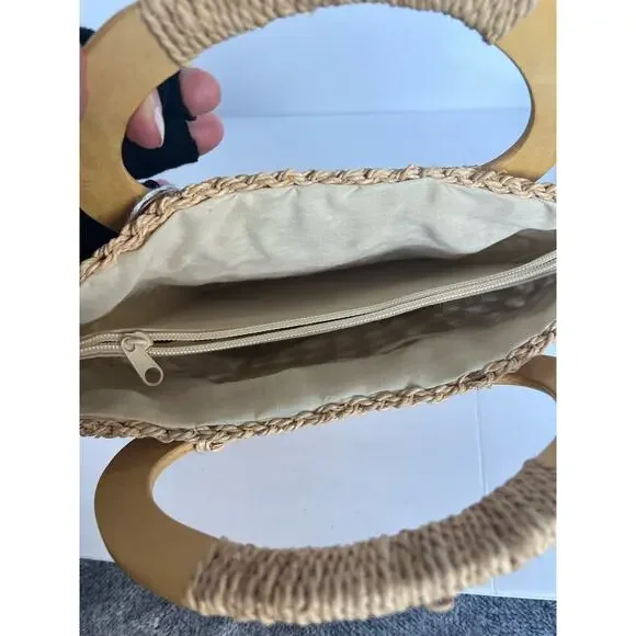 NEW Bohemian Wheat Straw Wood Handle Tan Artisan Handmade‎ Purse Tote Hand Bag - Picture 6 of 8